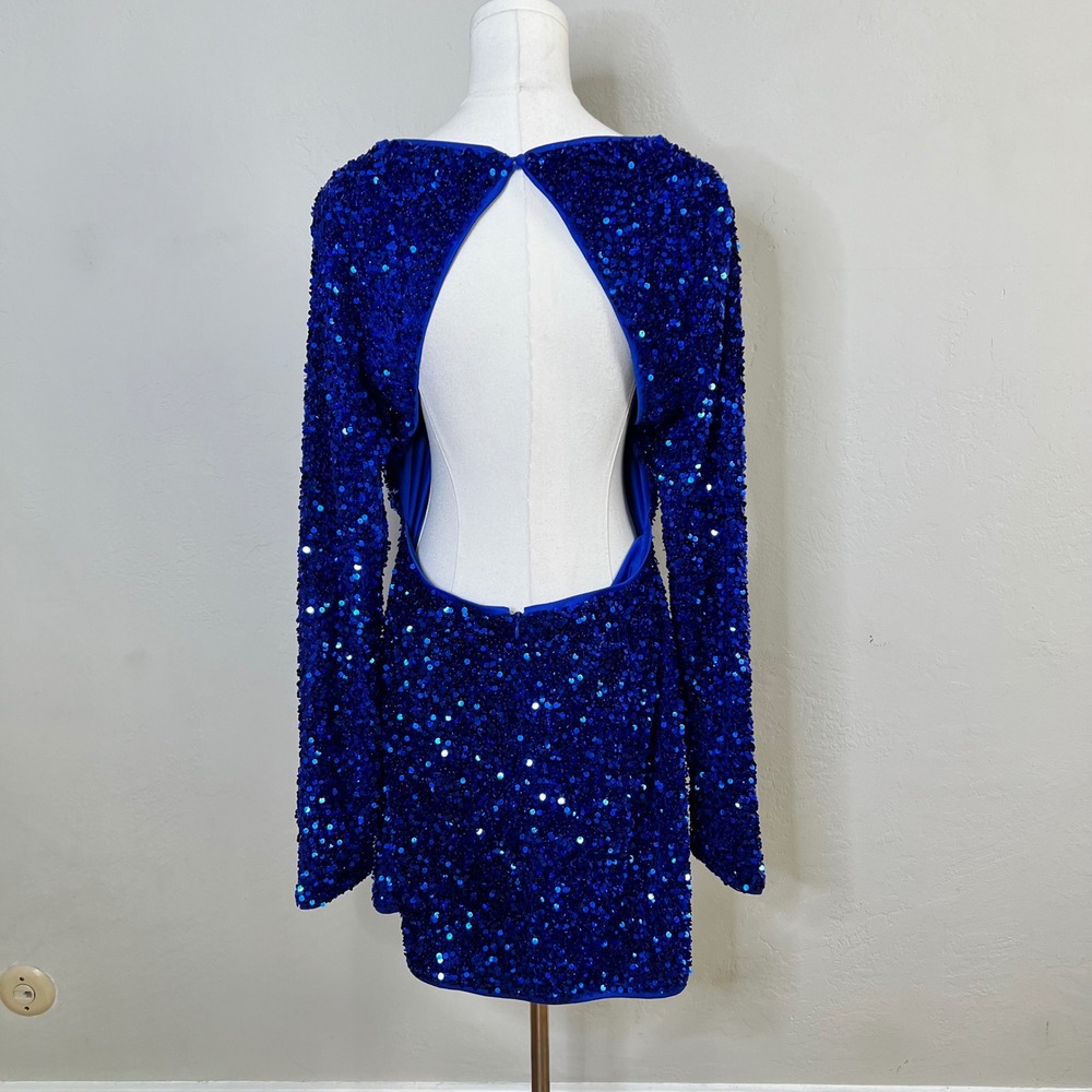 Lulus Blue Allover Sequin Open Back Long Sleeve Mini Dress Cocktail Party XL NWT - Picture 4 of 8